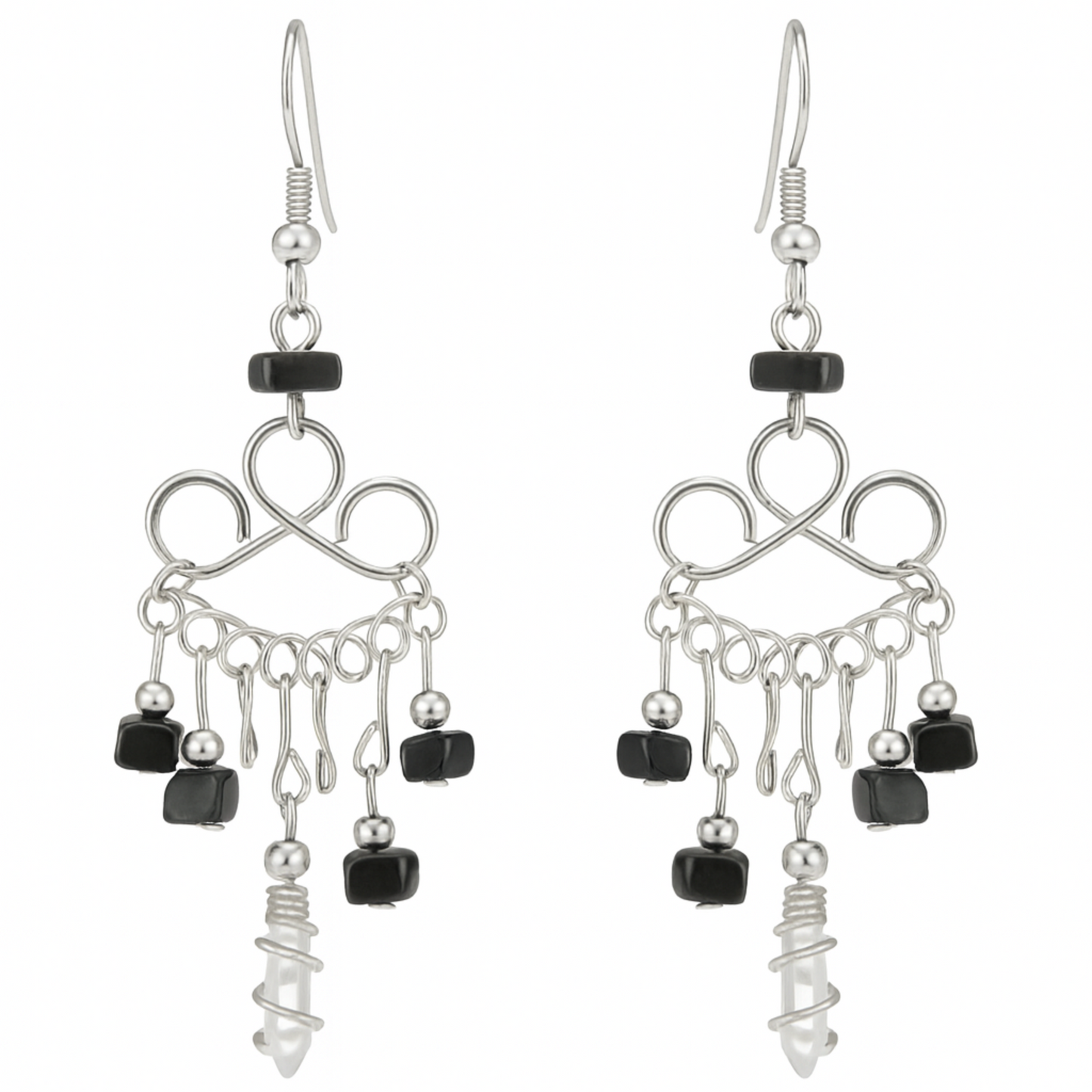Black Onyx and Quartz Point Boho Style Gemstone Earrings-New Earth Gifts