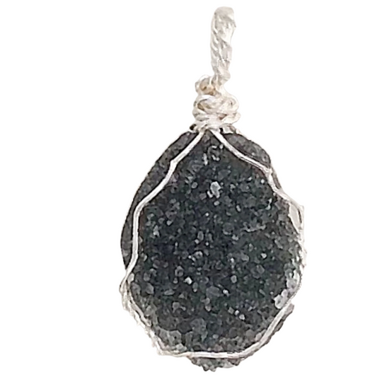 Black Agate Druzy Pendant Sterling Silver Wire