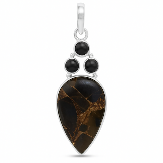 Bronzite Teardrop Pendant with Black Onyx Accents | New Earth Gifts
