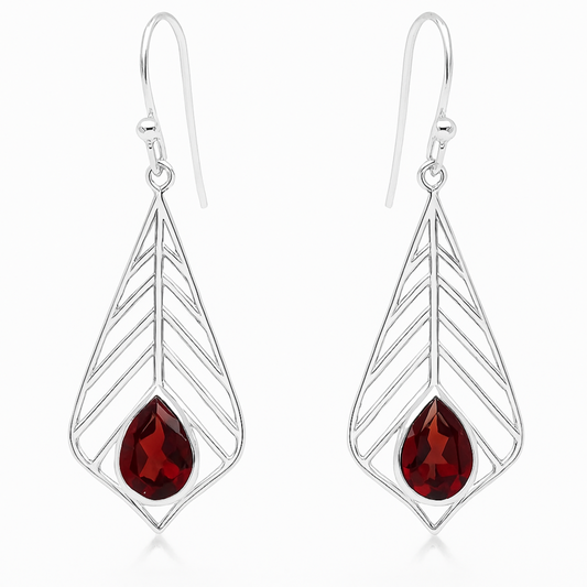Garnet Faceted Dangle Sterling Palm Leaf Earrings -New earth Gifts