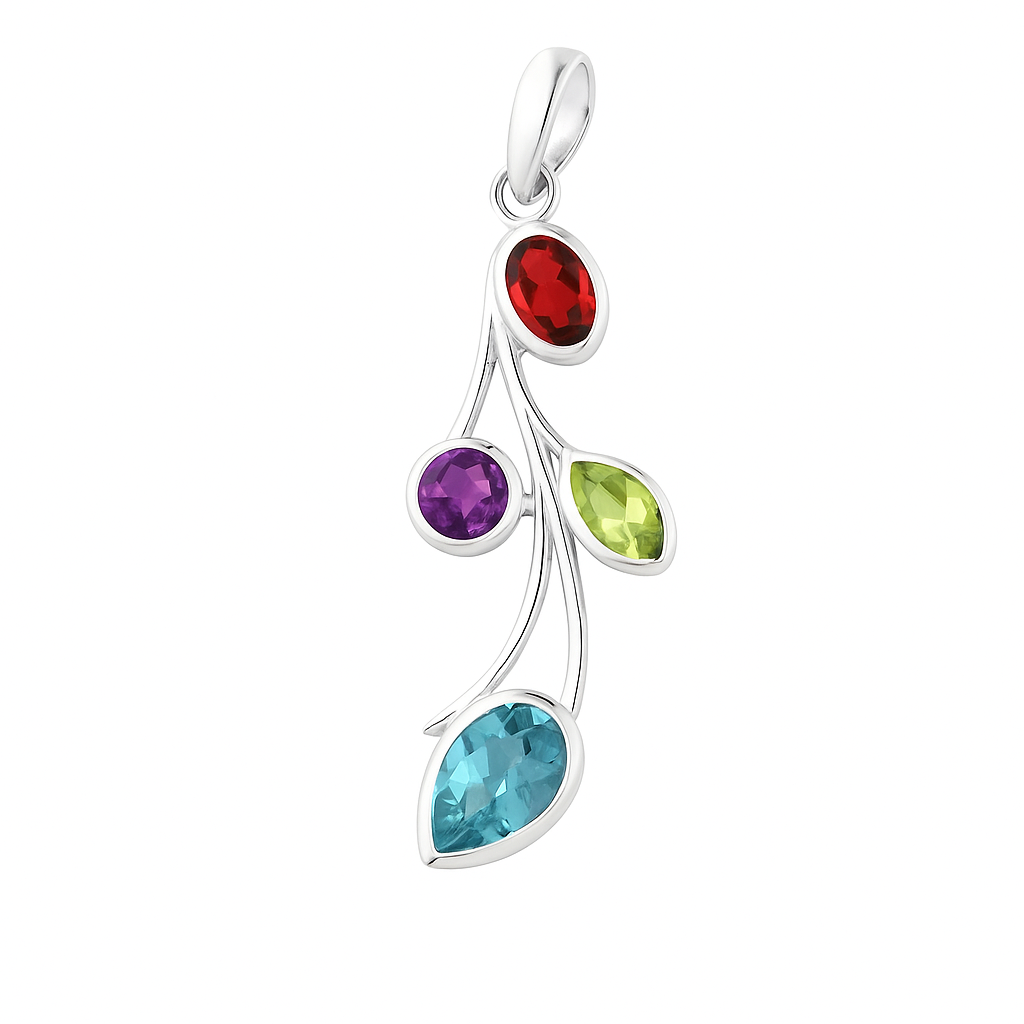Sterling Mixed Gemstone Pendant of Cascading Leaves  New Earth Gifts