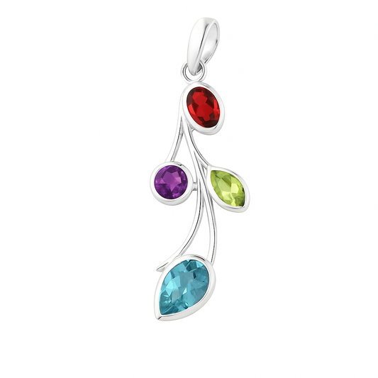 Sterling Mixed Gemstone Pendant of Cascading Leaves  New Earth Gifts