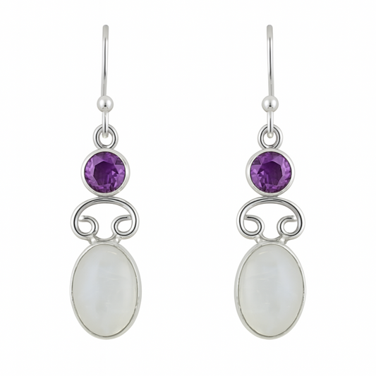 Moonstone Oval Earrings with Amethyst Accents | New Earth Gifts