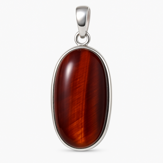 Red Tiger Eye Elongated Oval Sterling Silver Pendant -New Earth Gifts and Beads