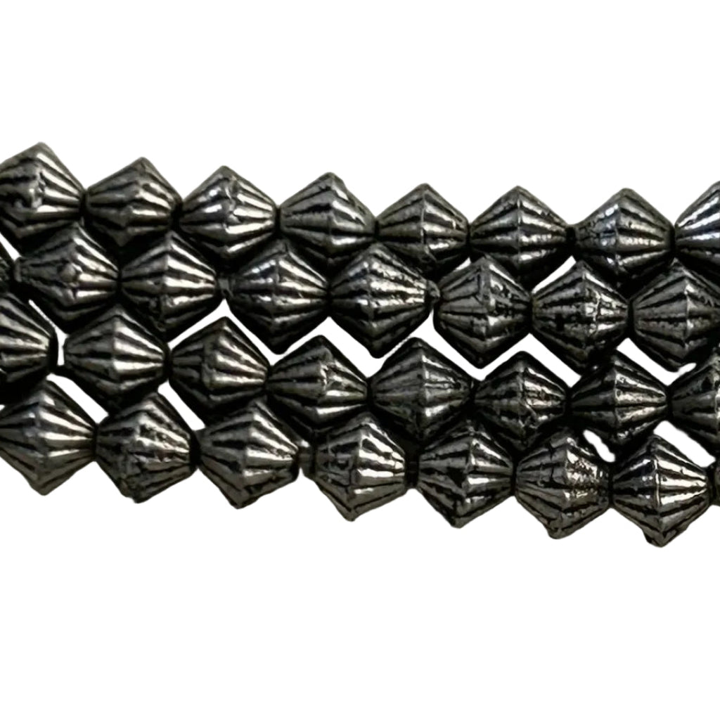 Zinc Alloy Etched Bicone Beads – 4mm Antique Silver - new earth gifts and beads