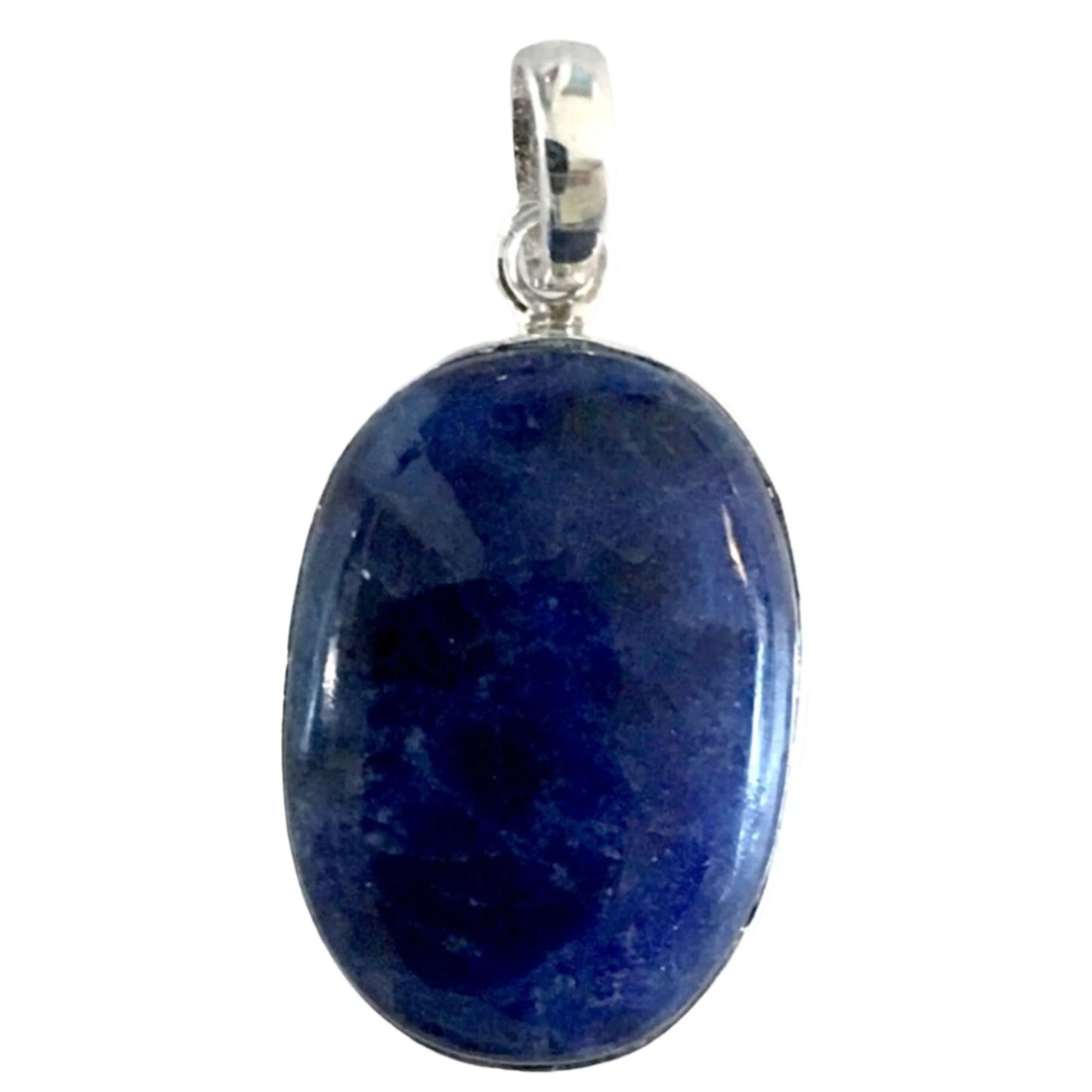 Sterling Sodalite Oval Pendant, in a classic dainty style, has deep navy color. The highly polished 20mm Sodalite gemstone is strikingly beautiful! 1" pendant. New Earth Gifts